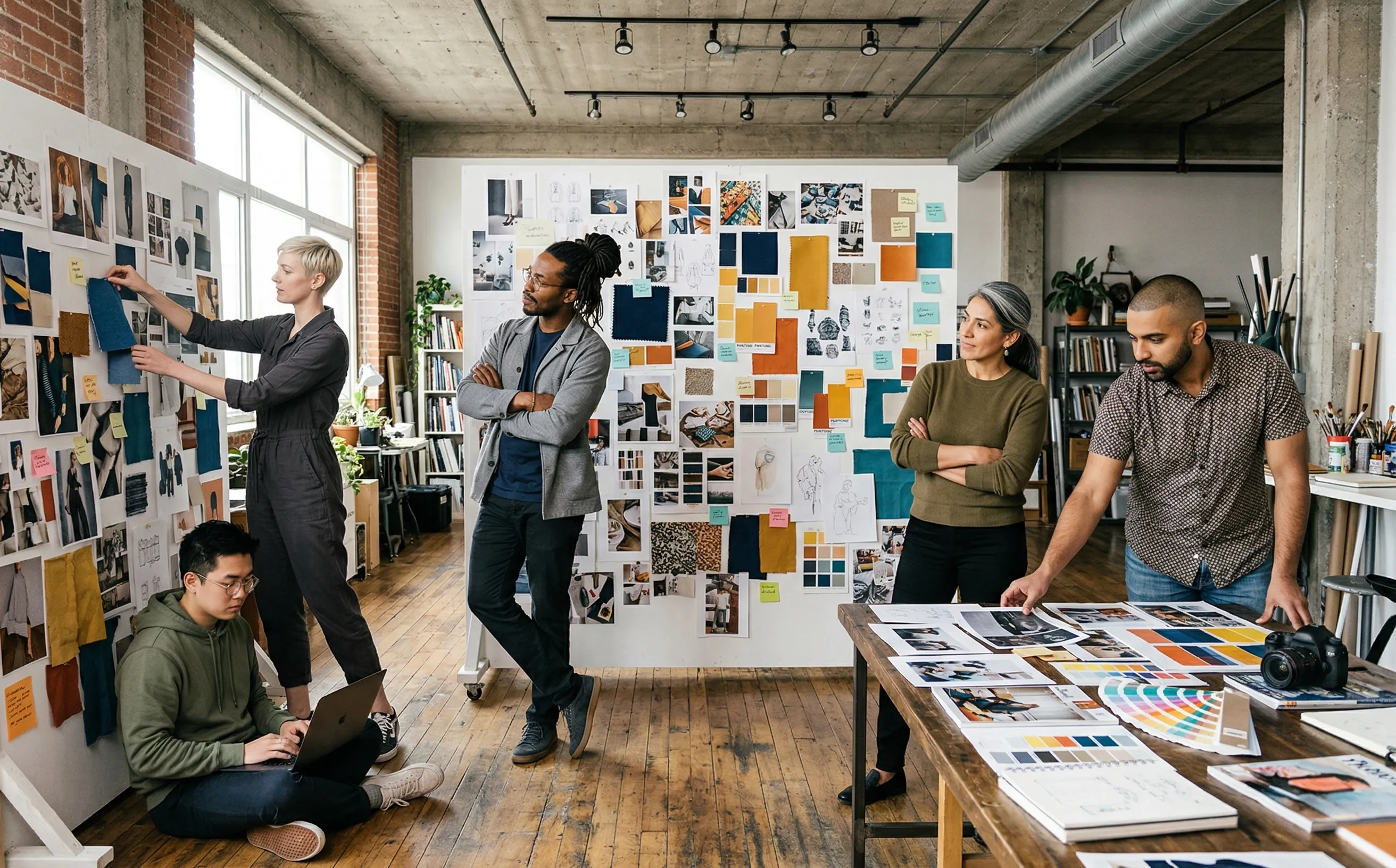 Creative team reviewing work on a large mood wall in a studio