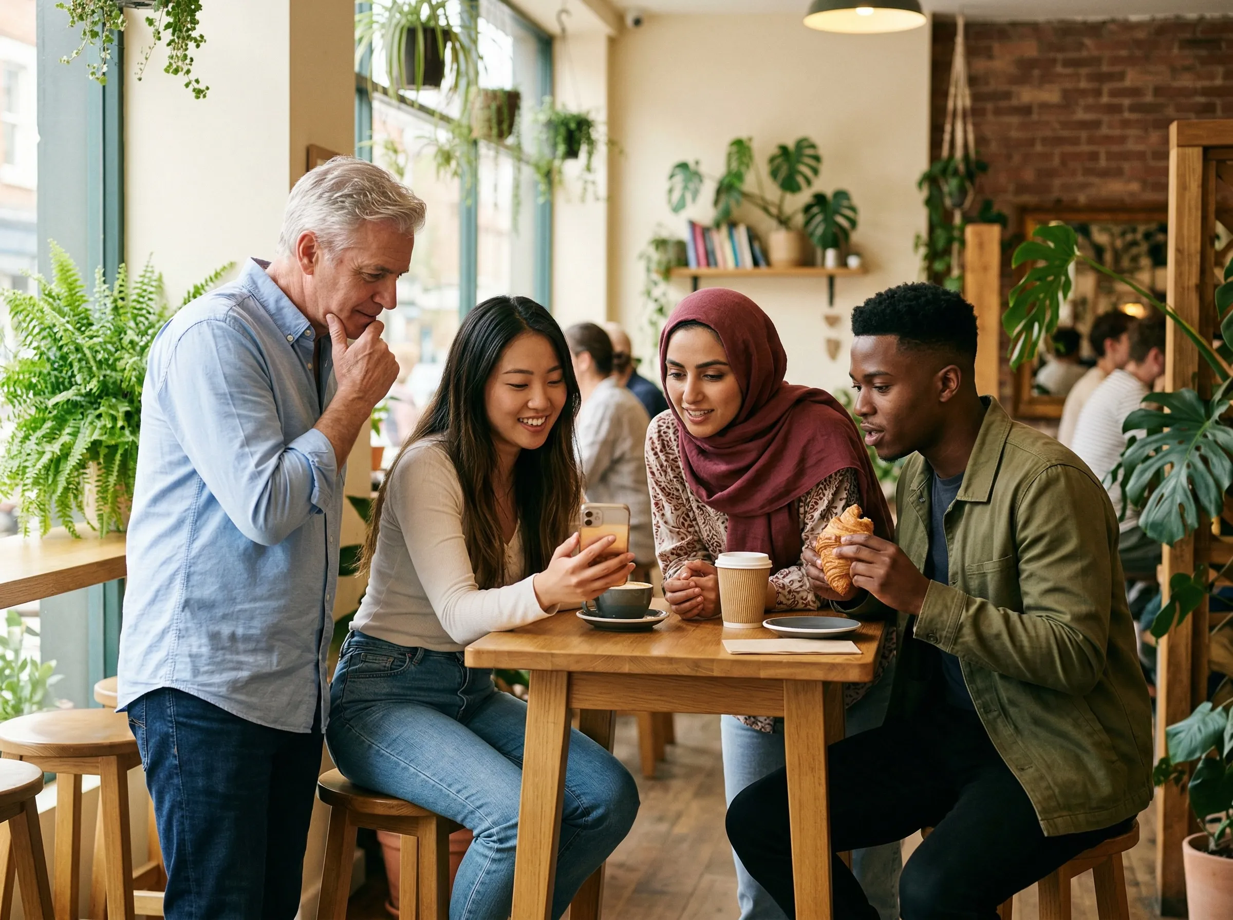 Group of colleagues gathered around a table sharing a moment