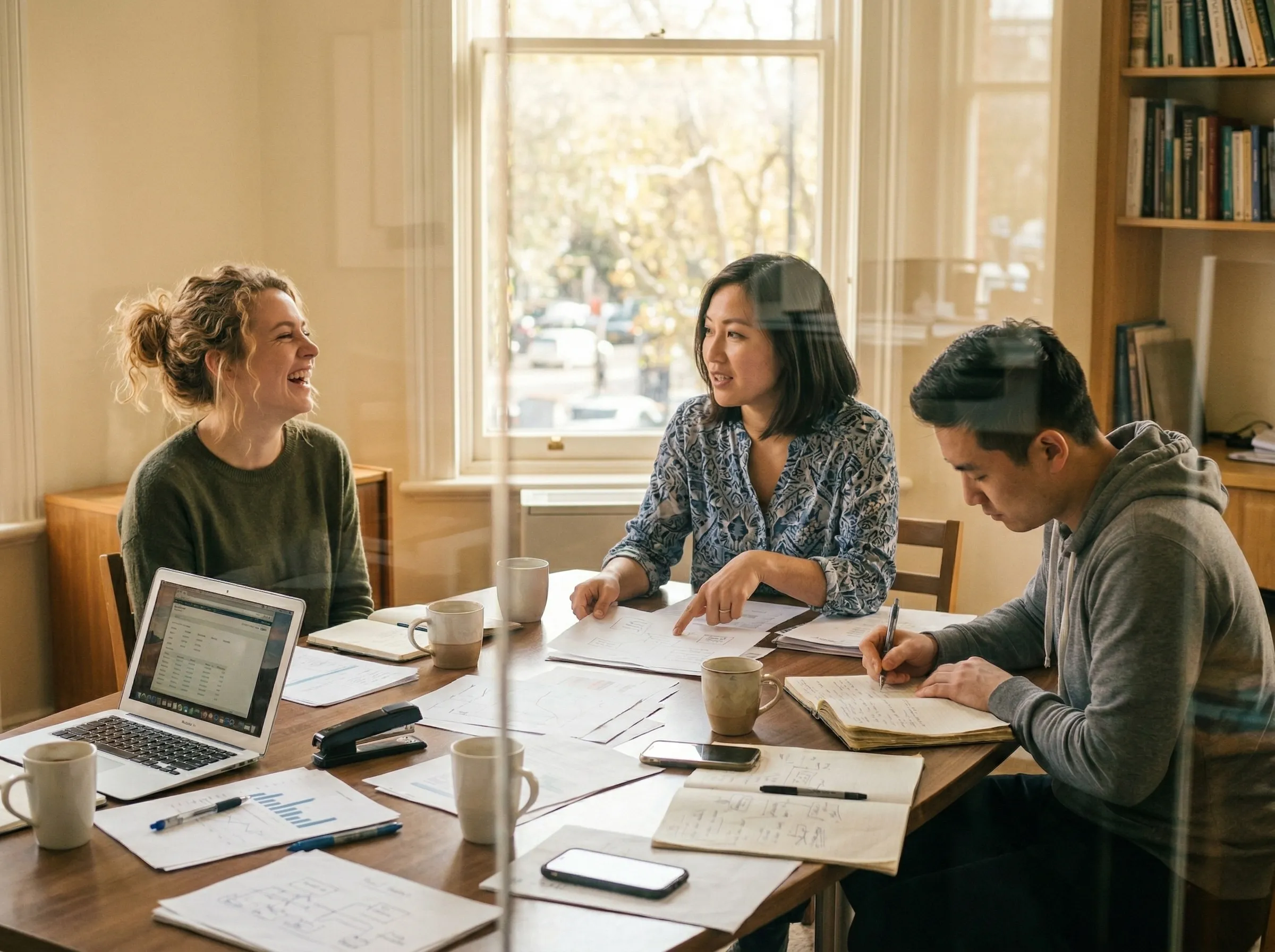 Small team collaborating around a table, seen through a glass partition