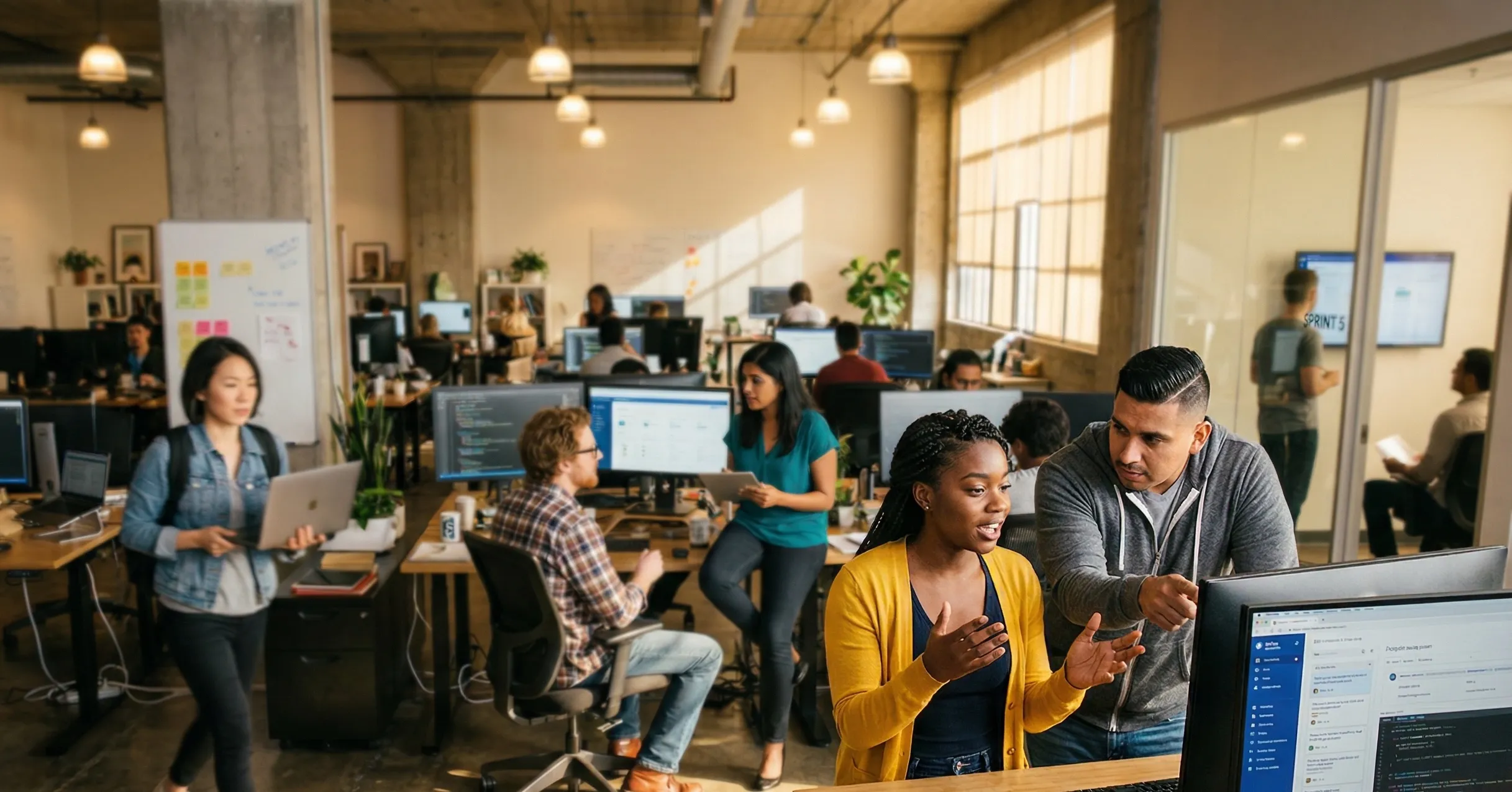 Busy startup office with team members collaborating across desks